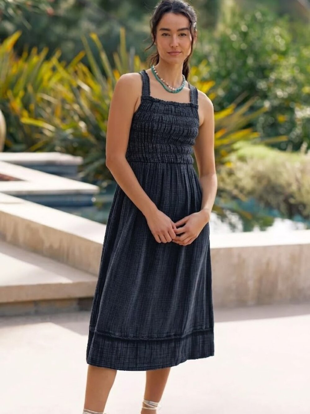 Anthropologie Smocked Midi Dress Black Size S NWT